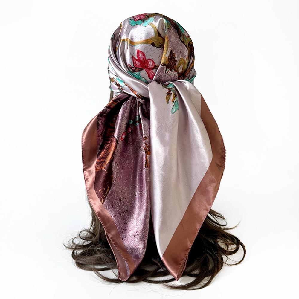 90cm Women’s Scarf – New Style Headscarf, Vintage Print Shawl, Rayon Satin Square Scarf