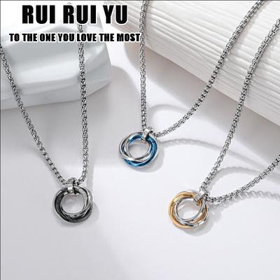 RUI RUI YU Fashion Creative Three Rings Silver Plated Men's Necklace Personality Cool Hip Hop Style Square Pendant Necklace Party Gift