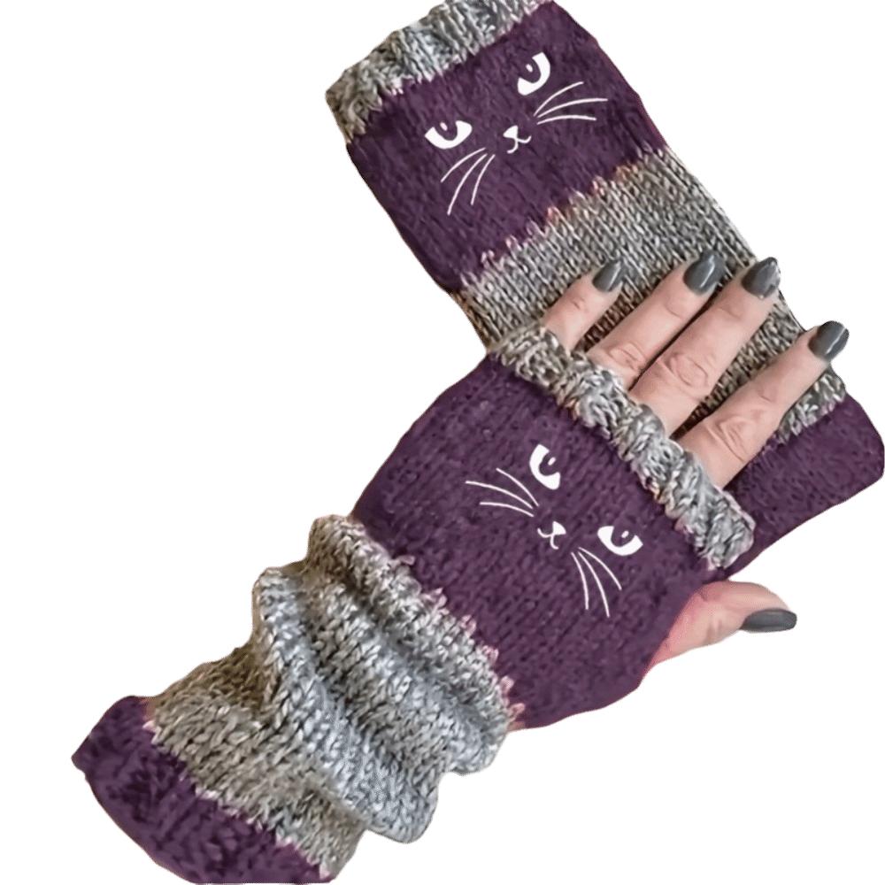 Thick Half Finger Gloves Thickened Cat Embroidery Gloves Vintage Knitted Fingerless Gloves Girls