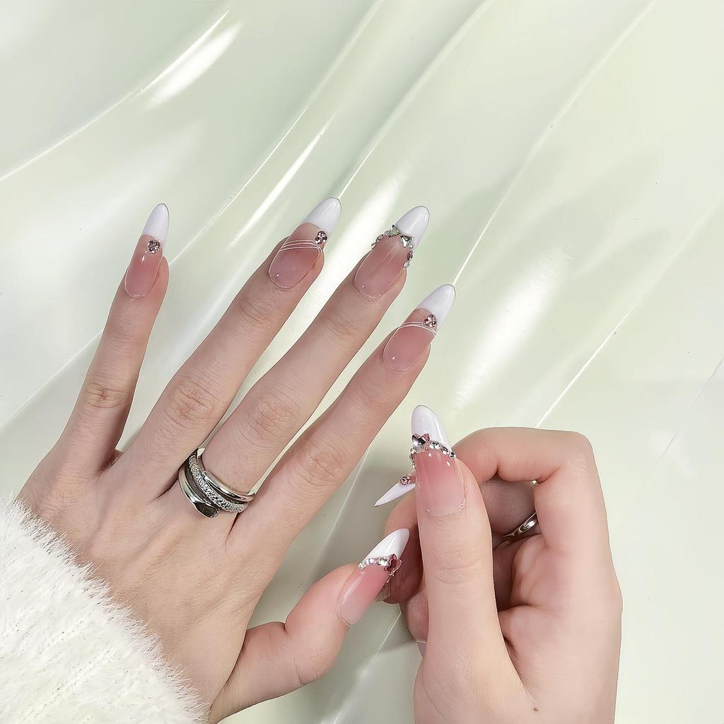 Handmade French Style Nude Translucent Color-Blocking Press-On Nails - Eye-Catching Manicure