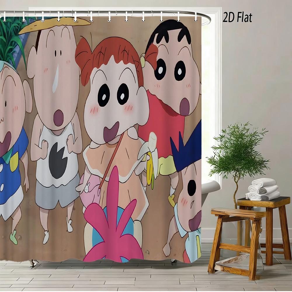 Crayon Shin-Chan & Shiro Checkerboard Pattern With Camera & Radio 2D Print Waterproof Shower Curtain, Yellow & White Bathroom De
