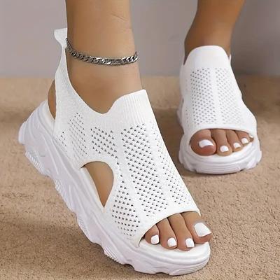 Neue Damen-Plattform-Stricksandalen, atmungsaktiv, Peep-Toe, aushöhlen, Slip-on-Schuhe, lässige Outdoor-Slingback-Sandalen