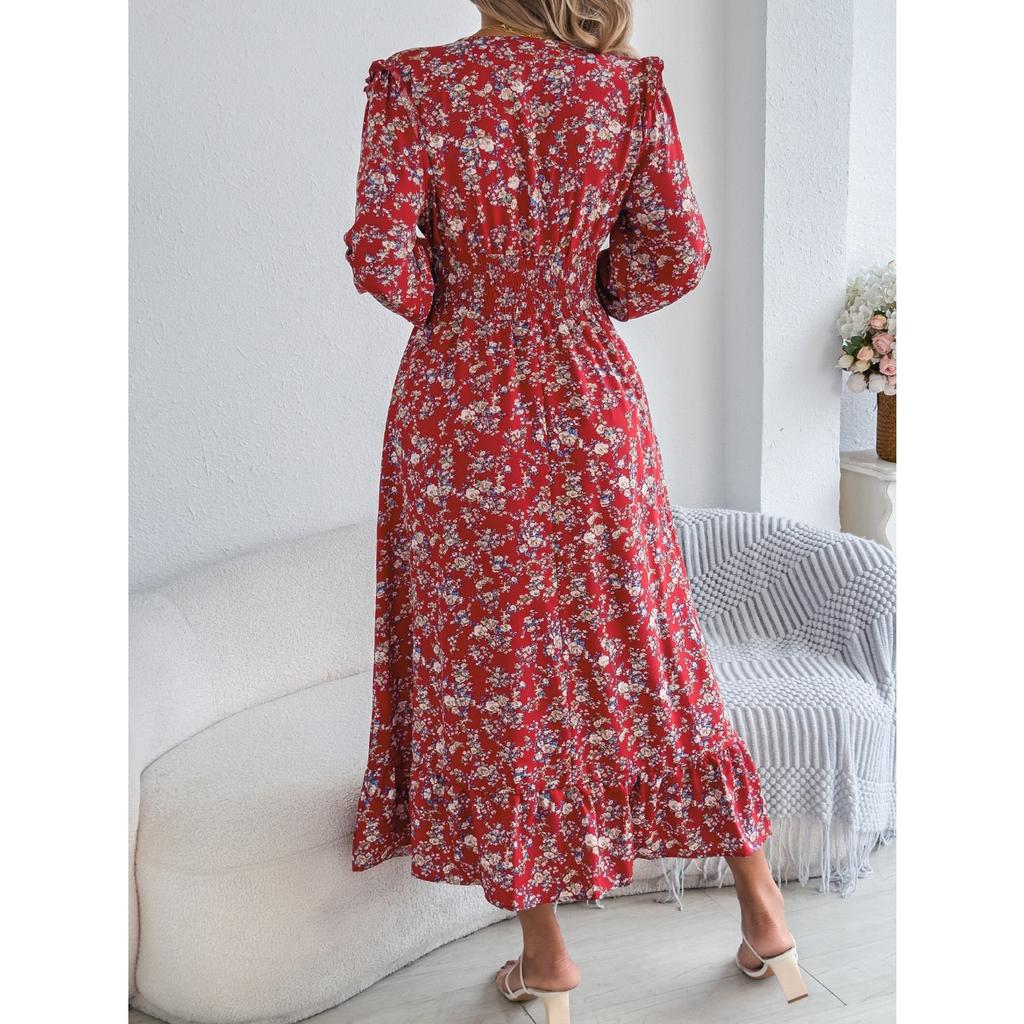 HNXC  Autumn and Winter Elegant Floral Cross V-neck Cinched Waist Ruffled Long Dress Women's Wear
