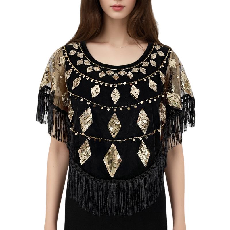 

Кейп с пайетками и кисточками, сетчатая шаль - Прозрачная вечерняя накидка без рукавов золотой