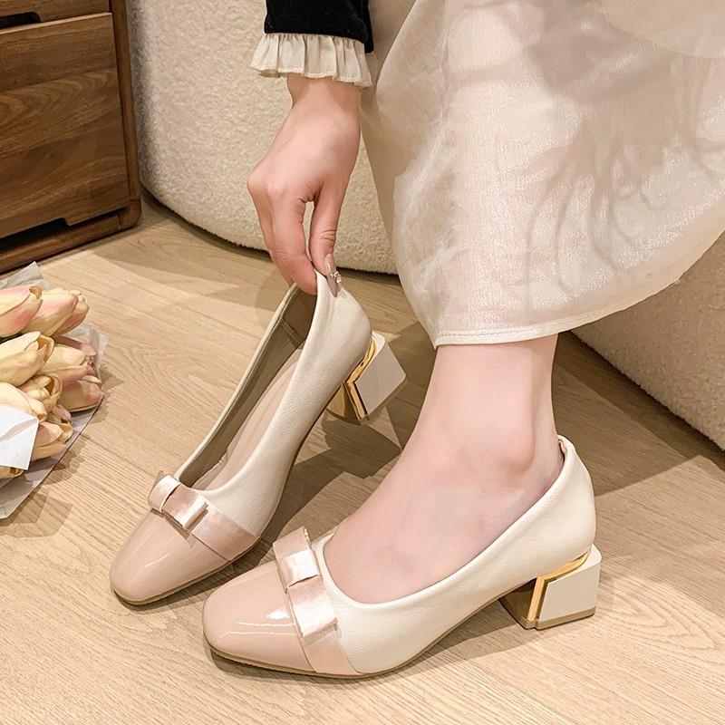 Sweet Bow Single Shoes Women's Spring and Autumn 2024 New French Small Fragrant Temperament with Skirt Thick Heel High Heels