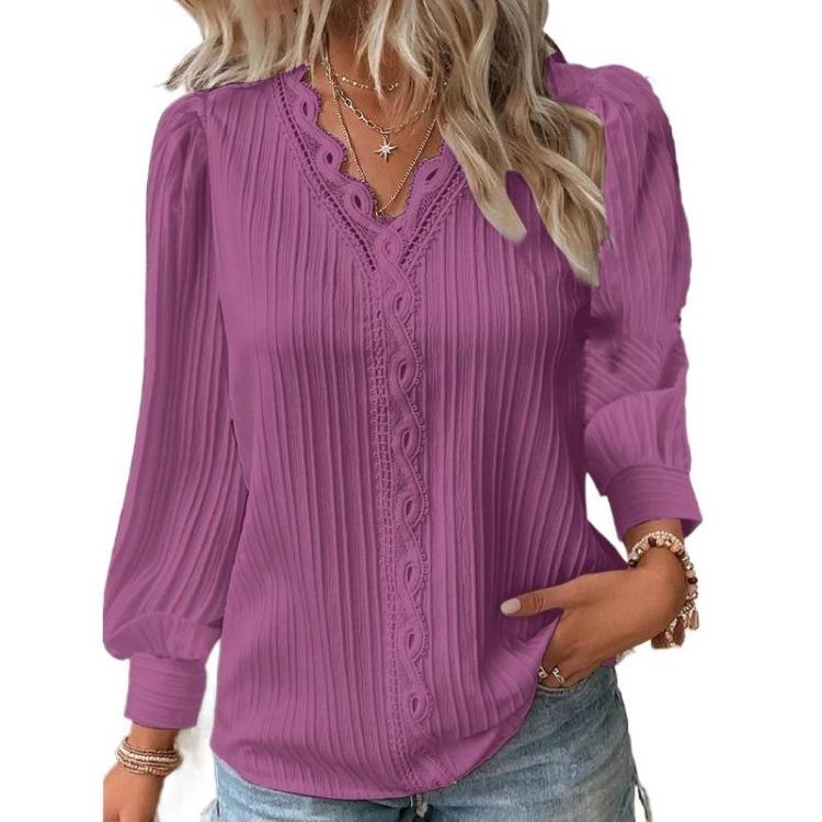 Women Fashion V Neck Blouse Long Sleeve Pullover Shirt Casual Solid Color Print Spring Fall Tops