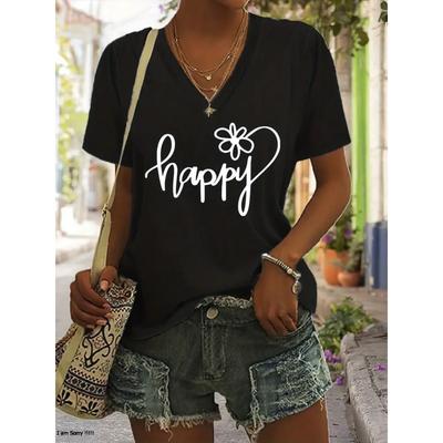 Funny Letter Print Women's T-Shirt Fashion V-neck Short Sleeve Top Casual Female Clothing Summer Fashion Flower Pattern Girl Tee