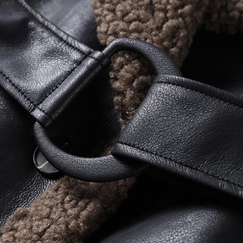 Women's Warm Thick Lapel Leather Jacket Winter Lamb Wool Long Sleeve Pocket Overcoat Single-breasted Street Trench Coats with Belt