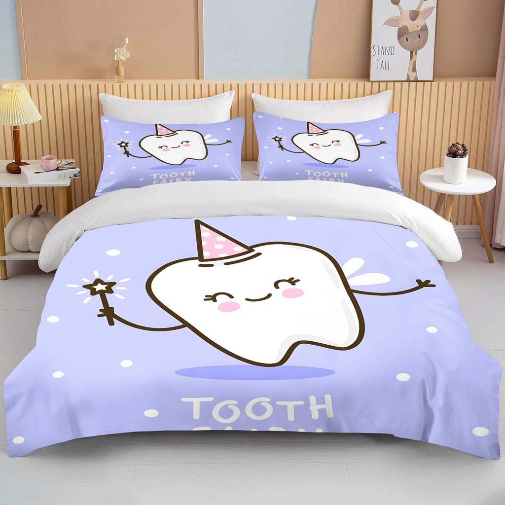 Niedliches Cartoon-Zähne-Druck Bettwäscheset Bettbezug 1 Bettbezug 2 Kissenbezüge Bettwäscheset für Erwachsene und Kinder Luxus-Bettüberwurf-Set