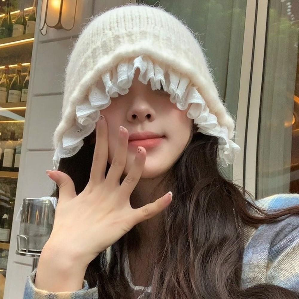 Lace Trim Women Bucket Hat Solid Color Beanie Hat Retro Knitted Fisherman Hat  Women