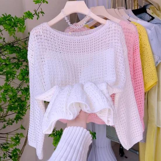 Women Tops Loose Fit One-Shoulder Hollow Knitted Long Sleeve Blouse Pure Color Summer Thin Tops Sun Protection Cover Up Blouse
