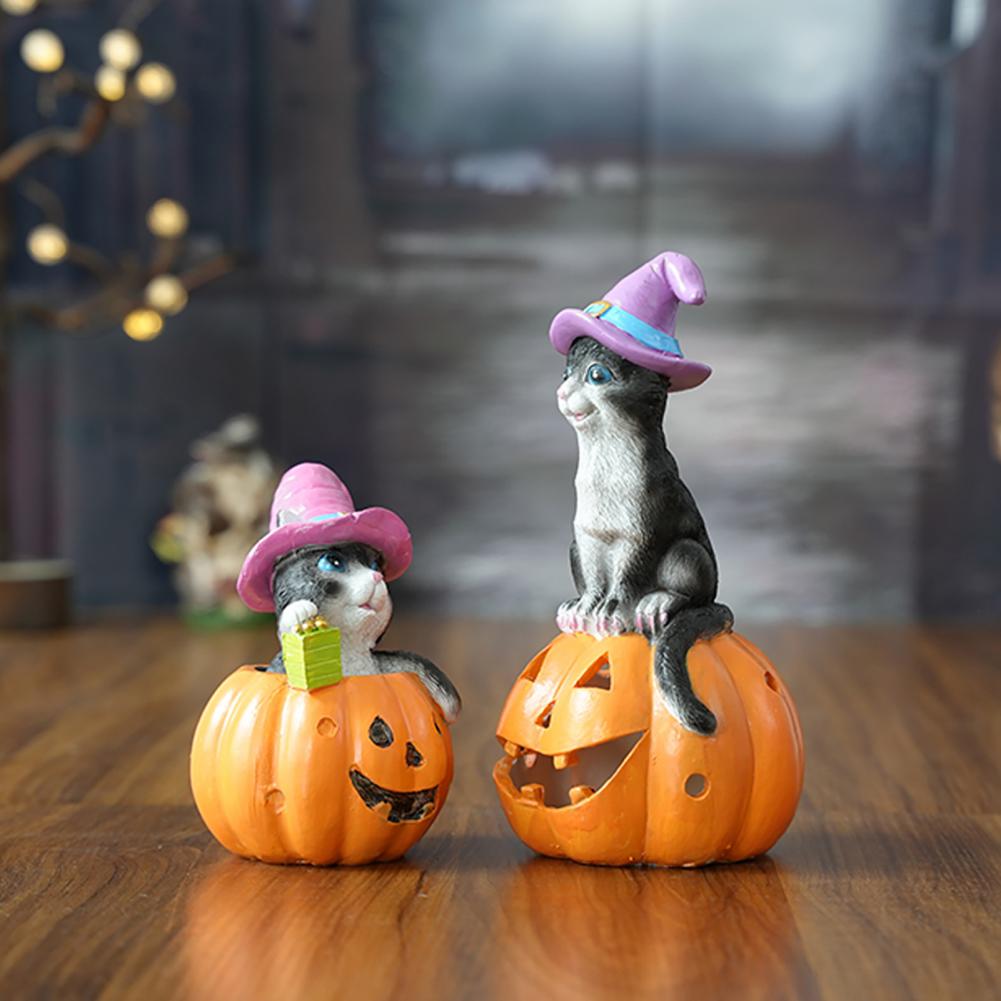 Pumpkin Cat Statue Halloween Pumpkin Cat Decor Cute Halloween Cat Pumpkin Figurine Resin Sculpture for Shelf Tabletop