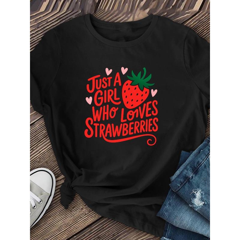 Women's Strawberry Print Short-Sleeve T-Shirt - Soft Breathable Summer Blouse with Strawberry Graphic, Casual Round Neck T-Shirt Suitable for Spring