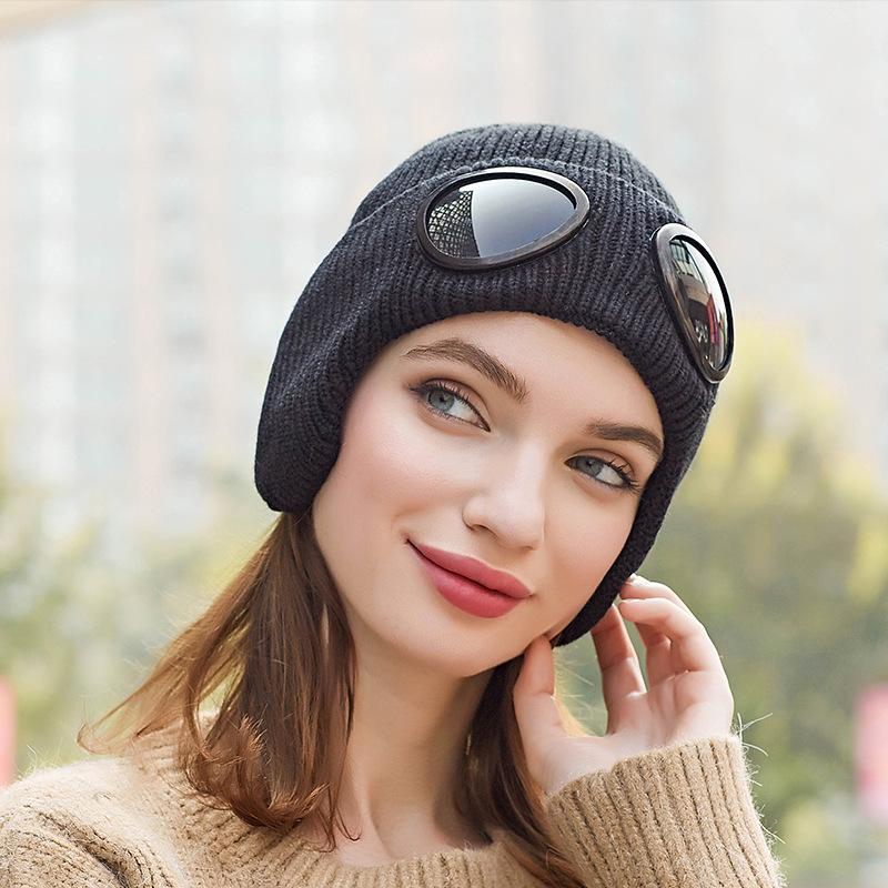 Lady Winter Thicken Warm Hat with Glasses Knitting Wool Skiing Riding Outdoor Warm Beanies
