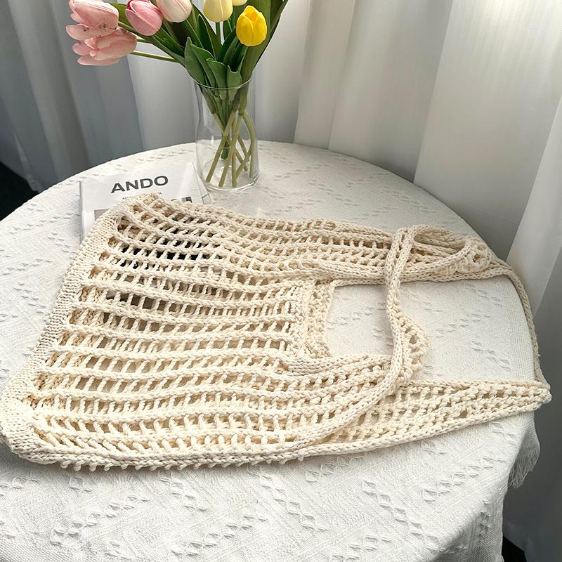 Solid Color Knitting Shoulder Bag Hollow Out Versatile Bohemian Crochet Tote Bag Large Capacity Casual Woven Handbag Women