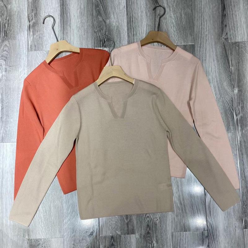 JS Spring/Autumn 100% Wool Ribbed Slimming Base Layer Knit Top with Round & Small V-Neck