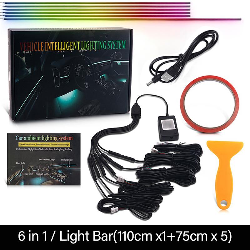 18 v 1 64barevné RGB Symphony Car Ambient Light Interiérové ​​akrylové vodítko LED páskové světlo Dekorace Atmosférická lampa pomocí ovládání aplikací