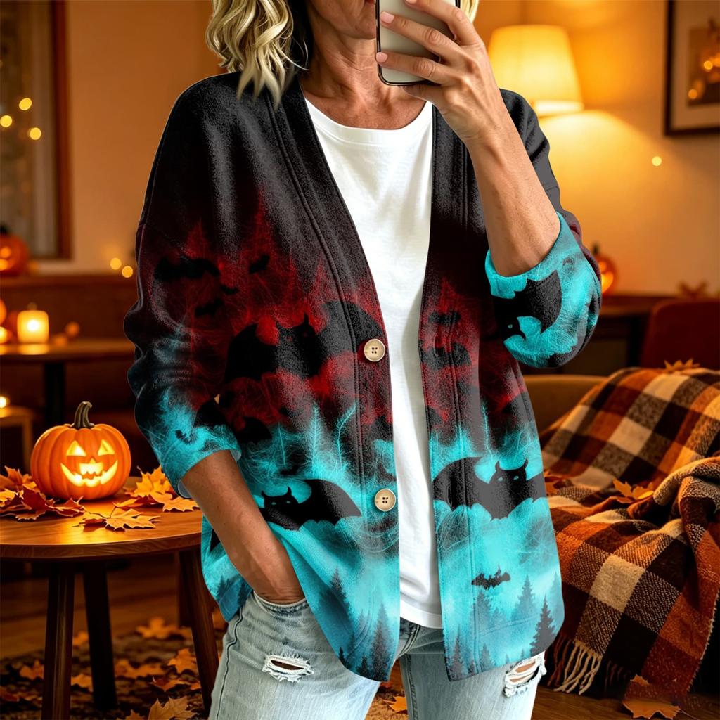 Women's Casual Long Sleeve Jacket with Halloween Print for Party Costume and Everyday Wear