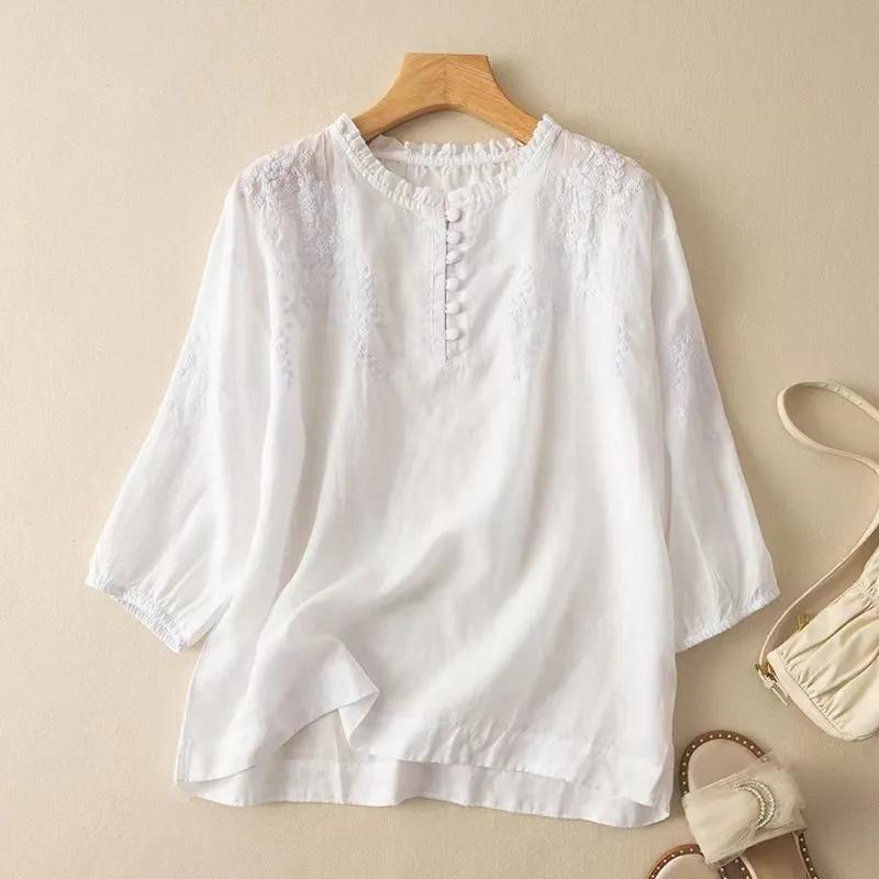 Women's Vintage Boho Cotton-Linen Embroidered Three-Quarter Sleeve Shirt Mom's Summer Solid-Color Top