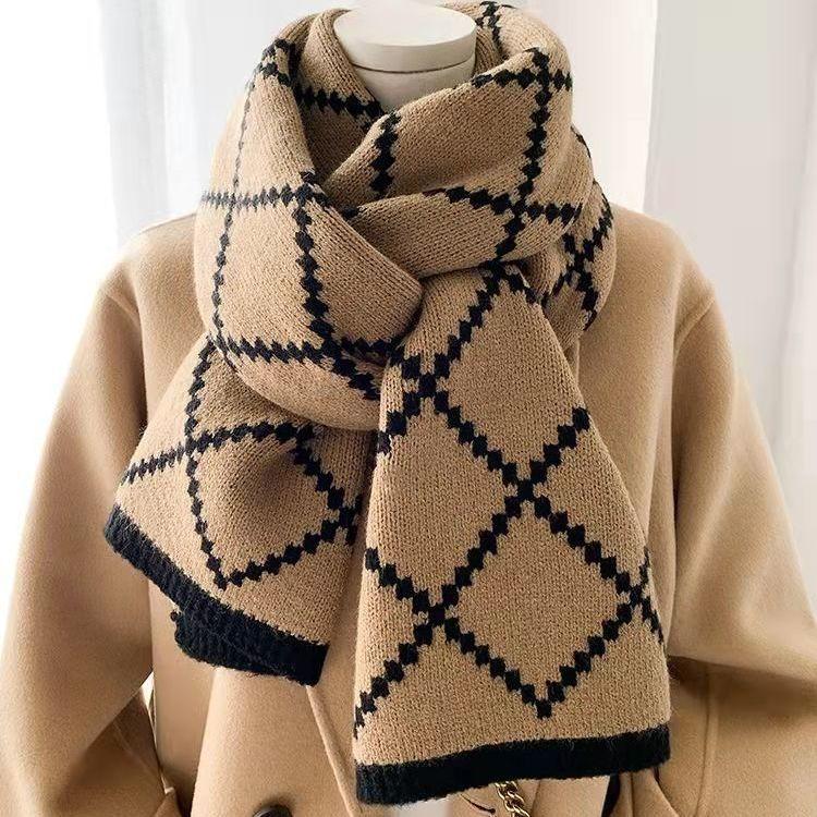 Cute Soft Girl Women's Plaid Scarf Autumn Winter Korean Style Versatile Thickened Warm Knitted Wool Neck Warmer