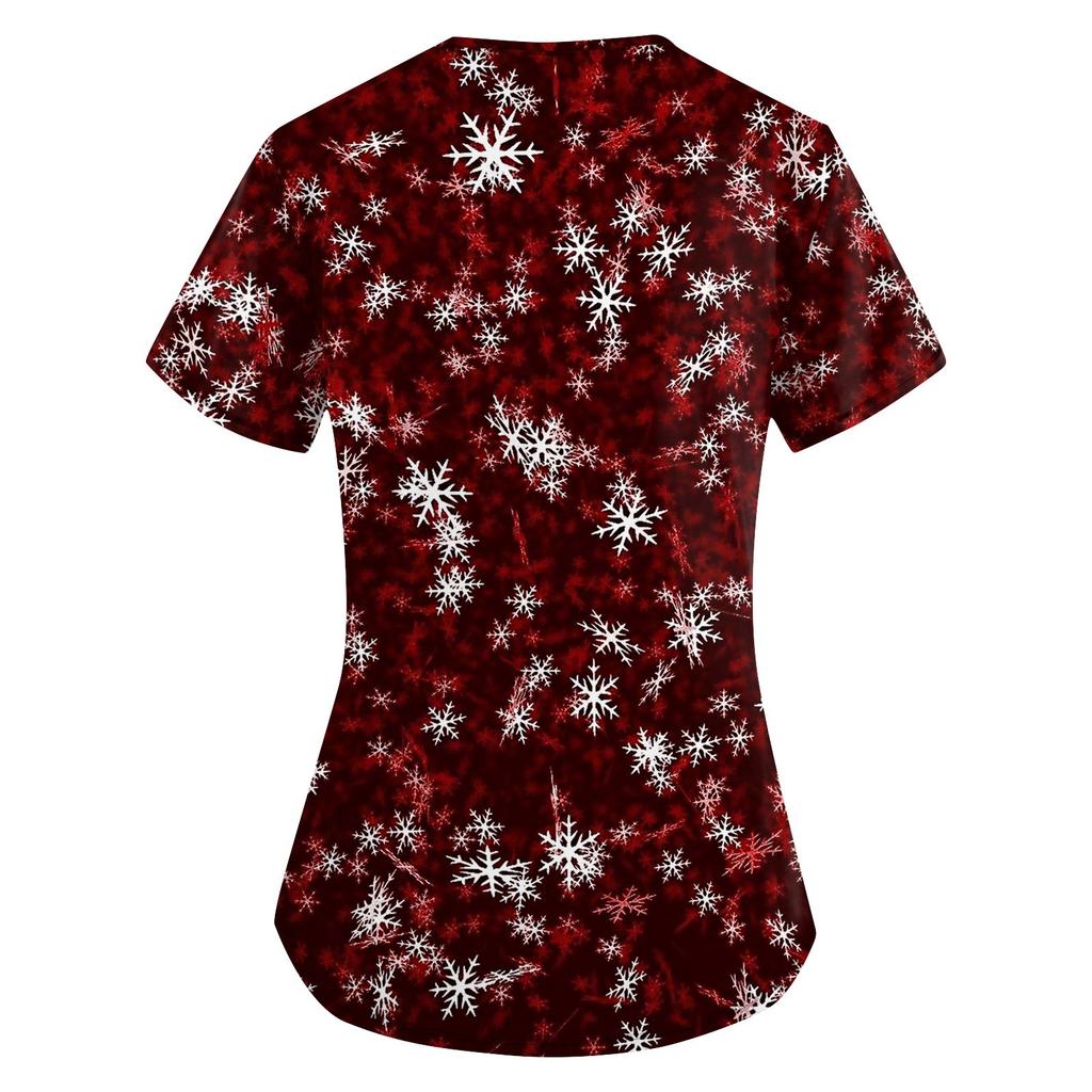 Plus Size Printed Scrub Working Uniform Tops For Women's Cross V Neck Christmas Print Short Sleeve Fun T-Shirts Workwear Tee With Pockets
