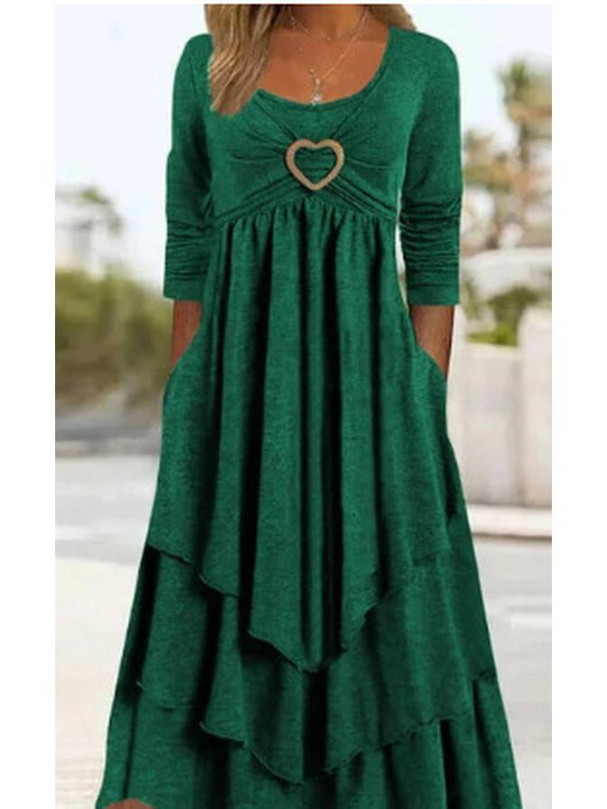 In Stock: 2026 Spring/Autumn European-American Waist-Cinching Casual Dress with Heart Detail and Tiered Hem