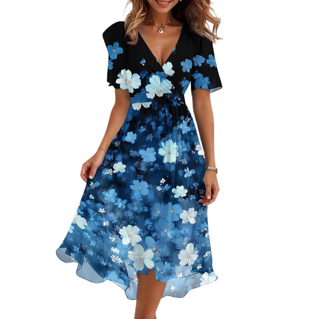 Womens Casual V Neck Short Sleeve Floral Print Midi Dress Vintage Style Lightweight Soft Fabric Flowing Skirt for Daily Wear
