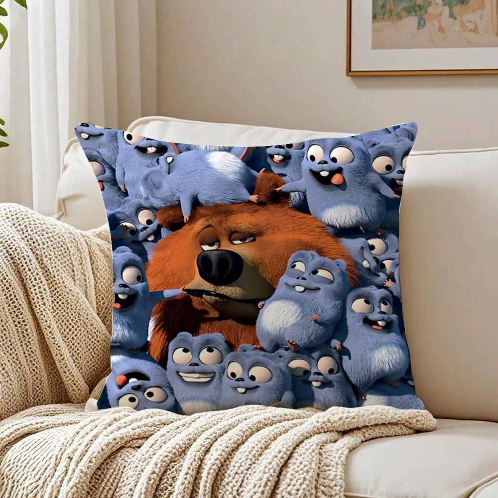 Cute Fun Cartoon GGrizzly And LLemmings Cushion Cover Linen Pillowcase Soft for Sofa Bed Home Room Decor