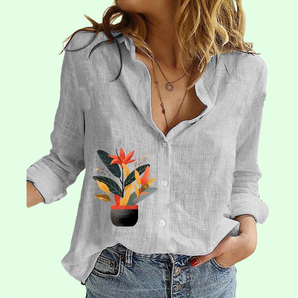 Women Fashion Button-up Shirt Summer&fall Cotton Linen Long Sleeve Top Ladies Casual Floral Print Blouses