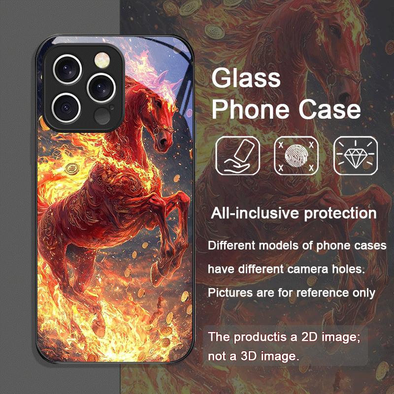 Stilvolle Rote Pferdedruck-Handyhülle aus gehärtetem Glas im chinesischen Stil für iPhone 17 16 Pro Max 15 14 13 12 Mini 11 X XS 7 8 Plus Hülle