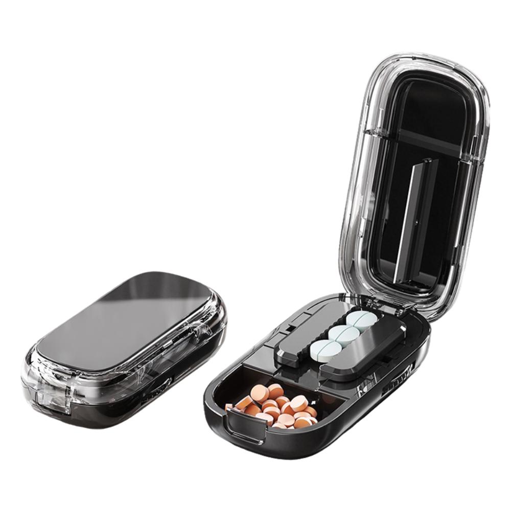 2-in-1-Design Halbe Pillenteiler Einstellbarer Teiler Organizer Medikamenten-Organizer Staubdichte Pillendose für kleine oder große Pillen