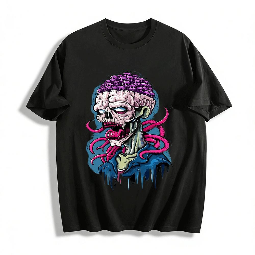 Cthulhu Style Exposed Brain Octopus Tentacle Skull Print Tee Pure cotton T-shirt XXS