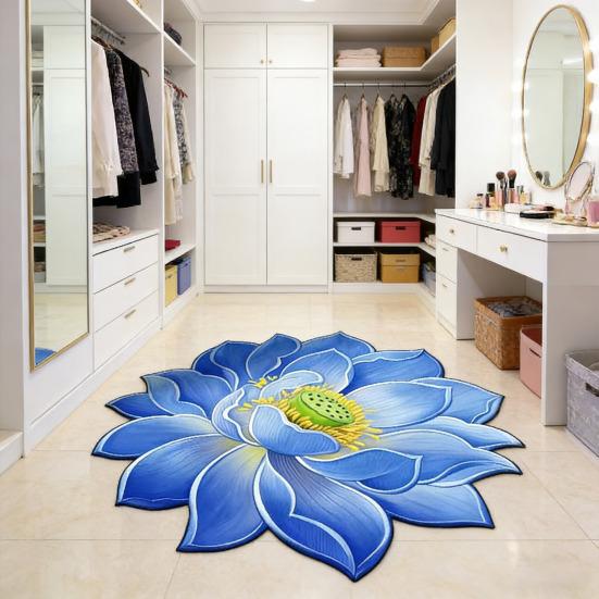 Tapis de sol 3D Lotus Tapis de salon fleur réaliste Forme fleur de lotus Antidérapant Tapis de zone pour cuisine Chambre Salle de bain Salle de jeux