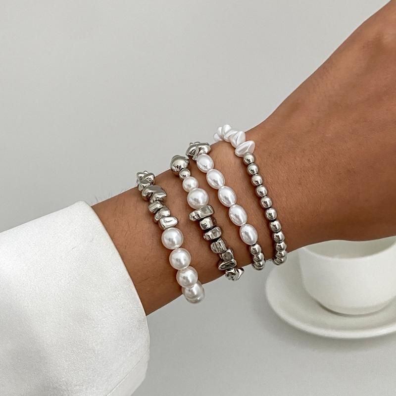 Hip Hop Styles Crosses Pendant Beaded Bracelet Set With Imitation Pearls for Layer Stackable Jewelry Gifts