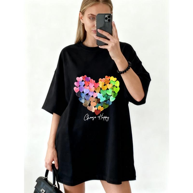 Oversized T-Shirt Black Rainbow Heart Print Choose Happy Text Casual Wear For Women S