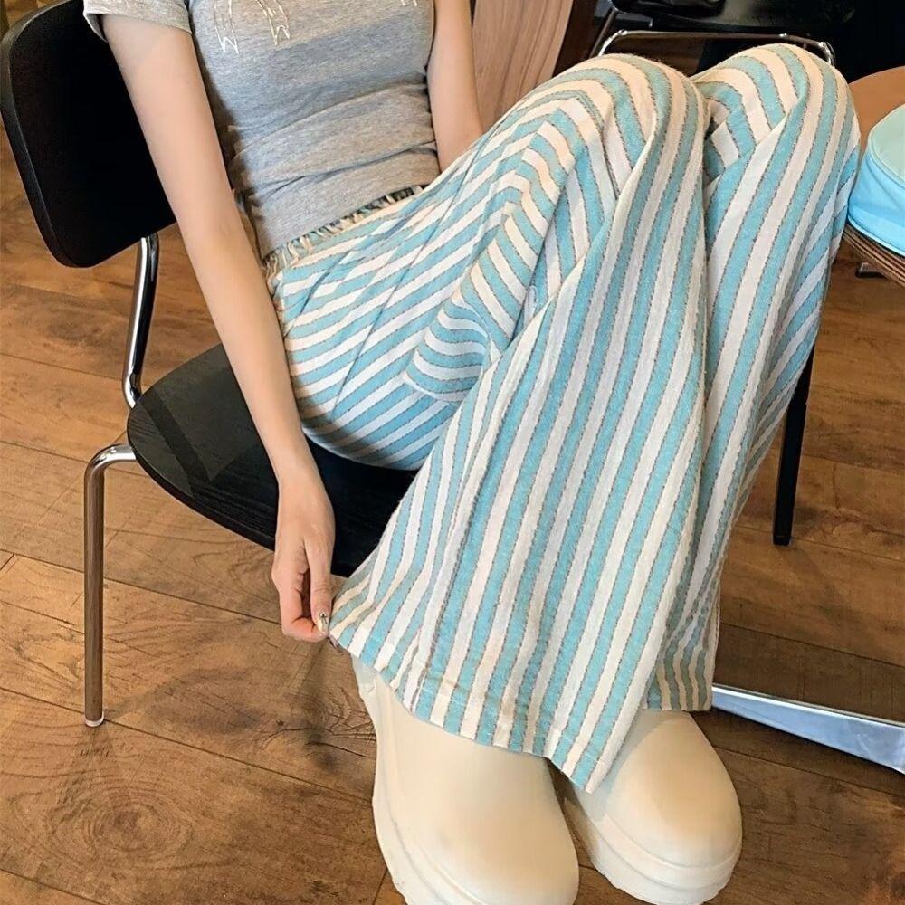 High Waist Wide Leg Pants Chic Straight Leg Pants Fashion Casual Stripe Long Pants  Girls