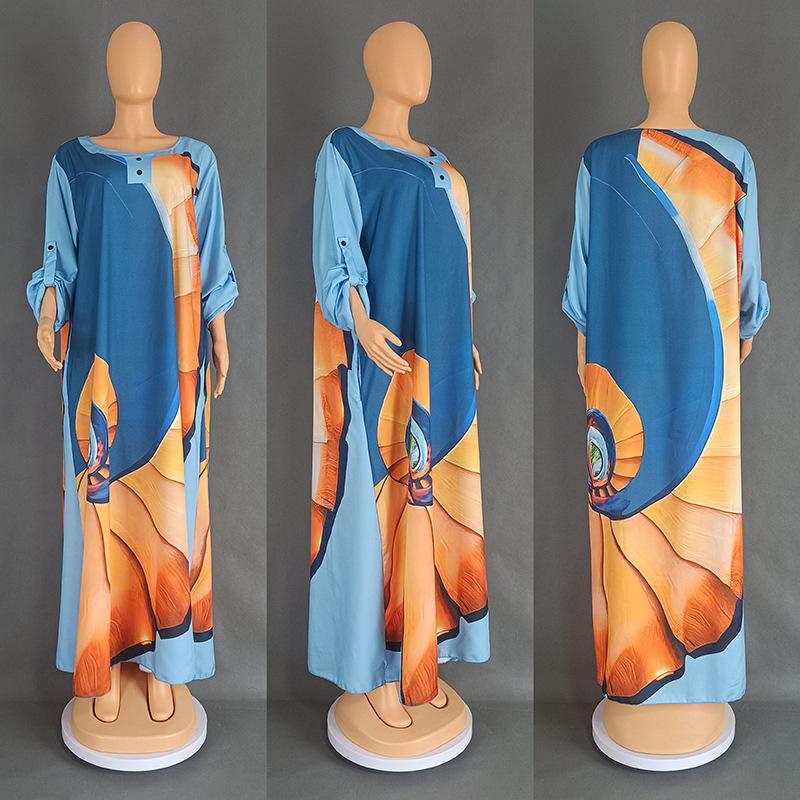 European and American Large Size Women's Satin Print Dress, Arabic Robe Style 8901
