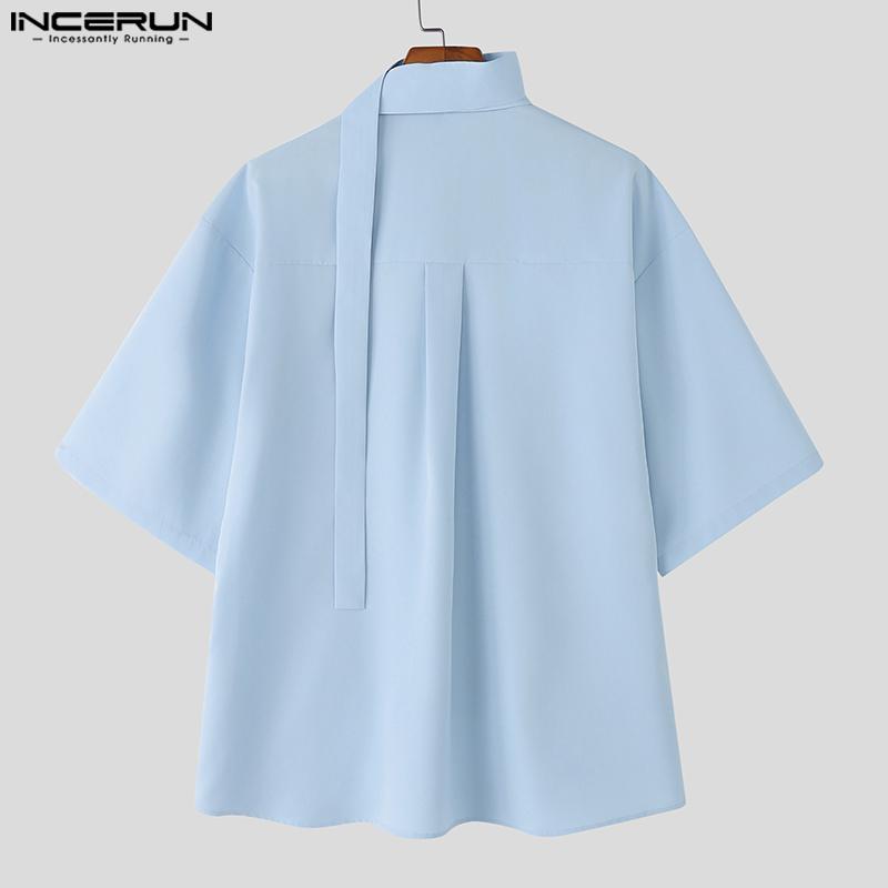 INCERUN Oversized Men Tie Up Neck Short Sleeve Solid Color Casual High Low Shirts