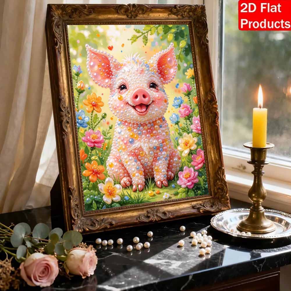 Cute Piglet Floral Pearl Painting Kit with Frame Sparkling Bead Canvas Creative Leisure Craft for Wall Decor Gift DIY Art Project