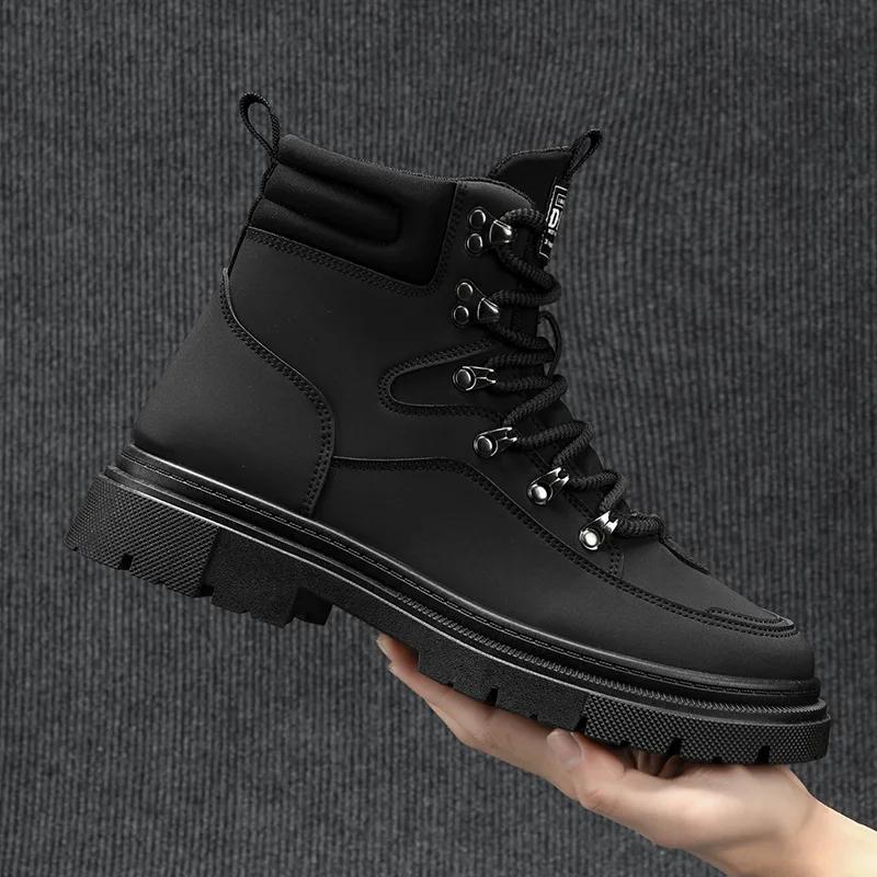 2024 Herbst Neue Britischer Stil Herren Lederstiefel High Top Dicke Sohle Einfarbig Modetrend Herrenstiefel