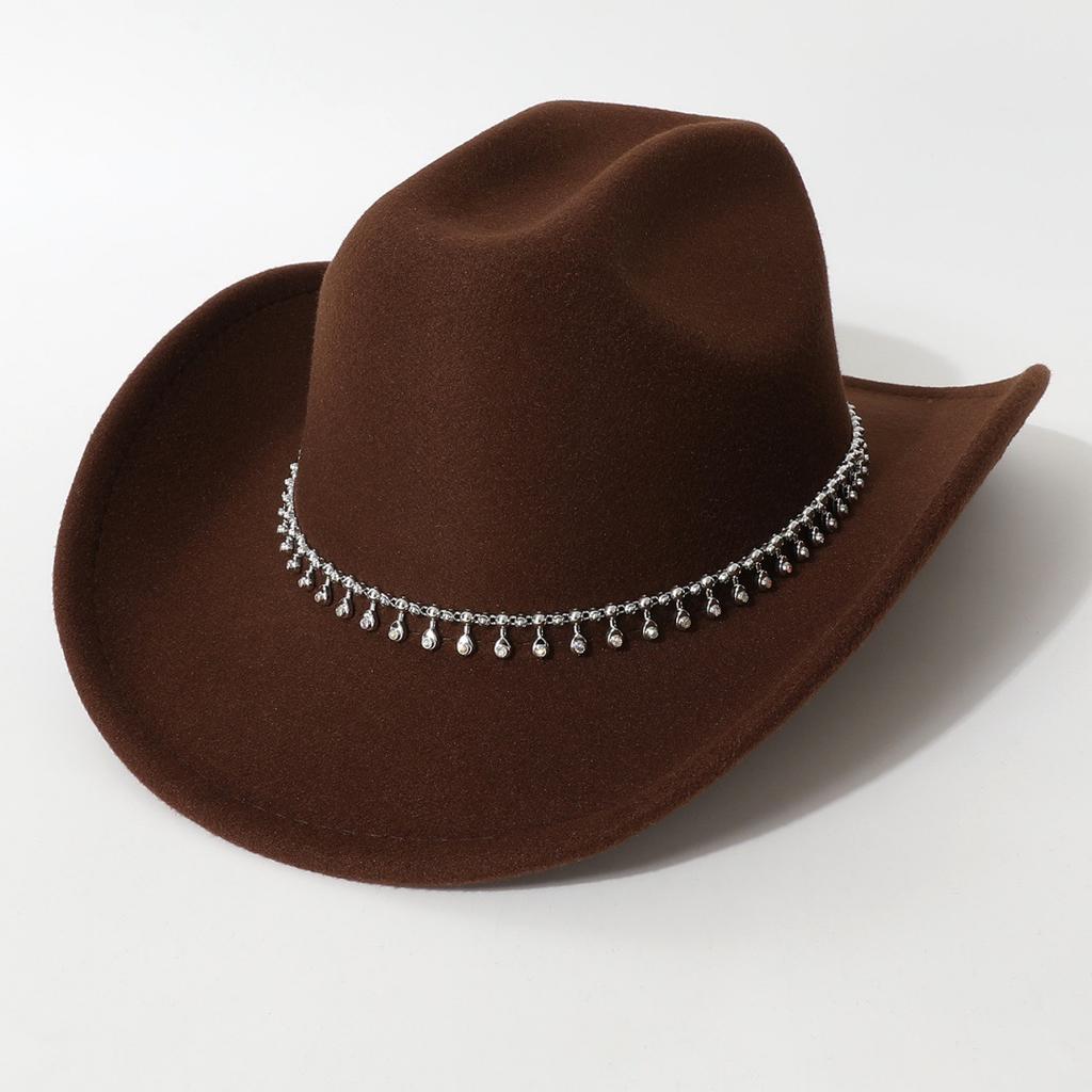 Women's Unisex Western Cowboy Hat with 3D Round Gems, Rhinestones, Rivets, and Chain Decorations, Wedding Party Hat