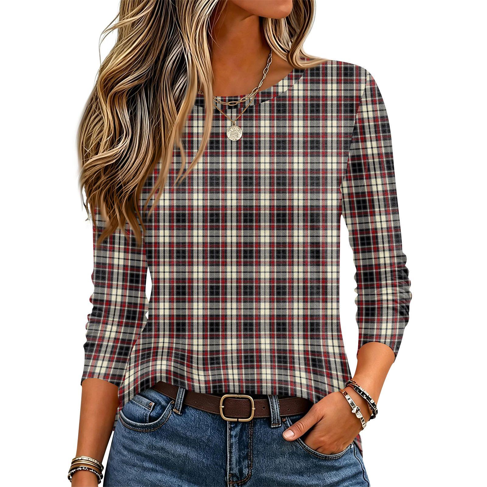Women s Stripe Plaid Print Neck Long Sleeve Pullover Top XXXL