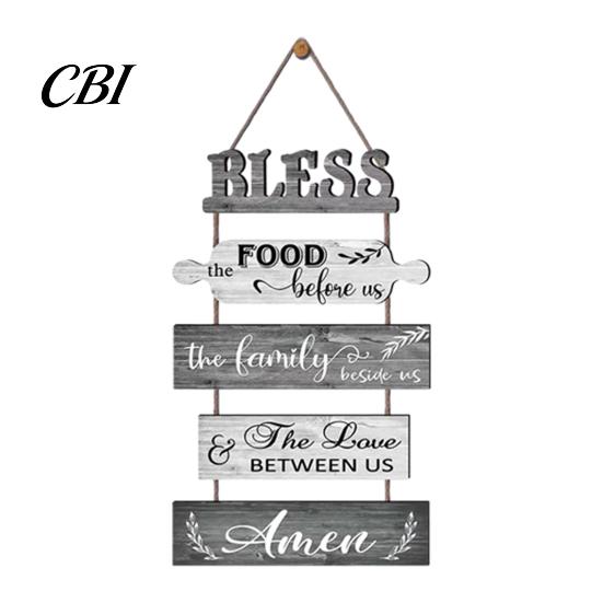 Solid Wood Bless Sign Wooden Kitchen Wall Decor, 5 Panel Food Family Love Plaque with Rope Hanging Sign, Farmhouse Art for Dining Room Living Pastoral