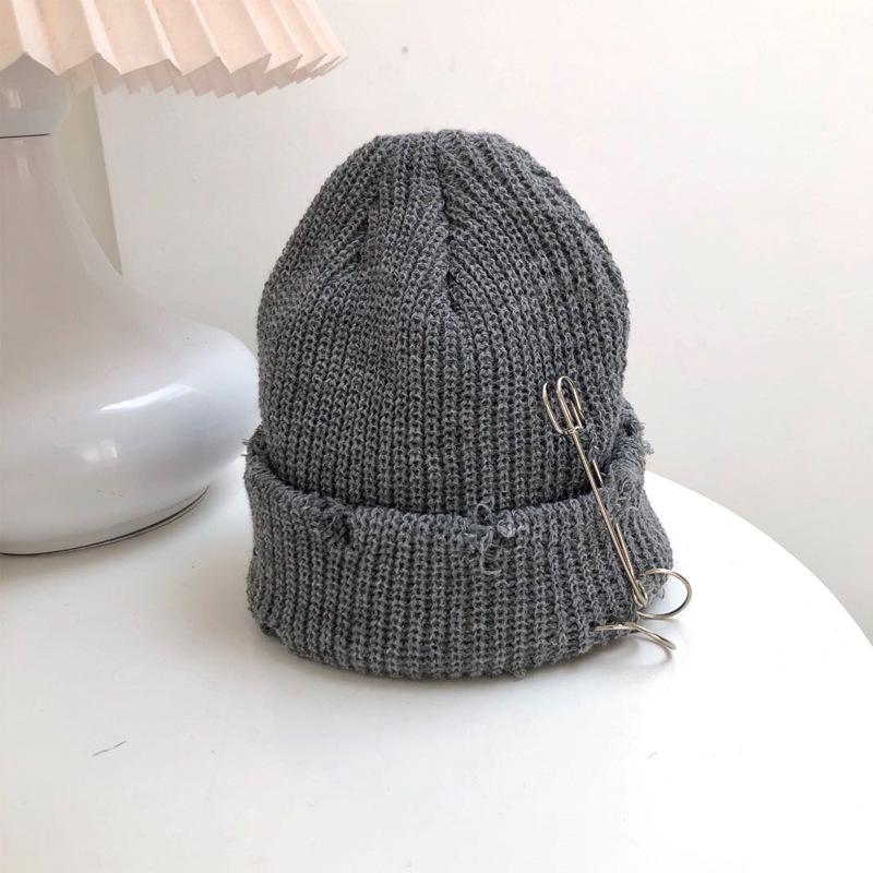 Solid Color Knitted Hat Punk Hip Hop Beanies for Men Women Metal Pin Ring Brimless Melon Cap Winter Warm Crochet Bonnet Gorras