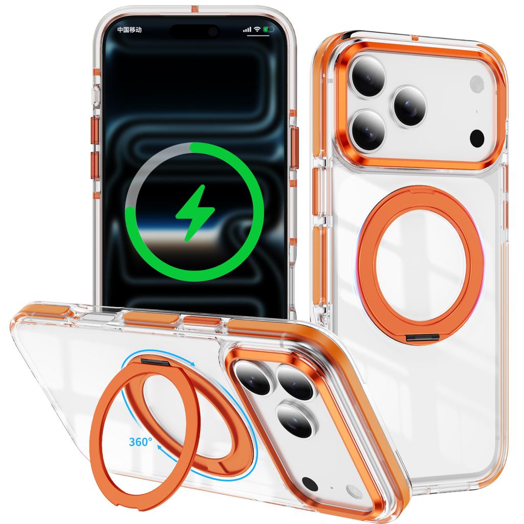 For iPhone 17 Pro Case Compatible with MagSafe Rotating Kickstand Shockproof TPU PC Acrylic Clear Phone Back Cover