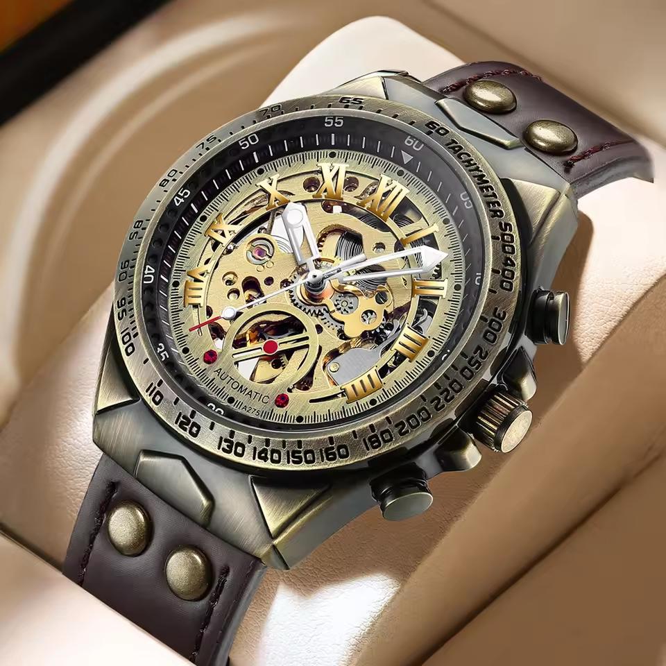 Business Casual Mechanical Wristwatch for Men Leather Band 41mm Case Water Resistant Luminous