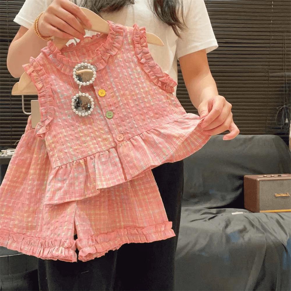 Girls' Fashionable Lace Plaid Trim Vest & Wide Leg Pants Two-Piece Summer Set