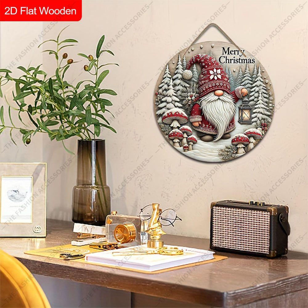 Winter Forest Gnome with Lantern Merry Christmas Round Wooden Hanging Sign, 2D Flat Printed 3D Embossed Effect Christmas Door Wall Ornament,
