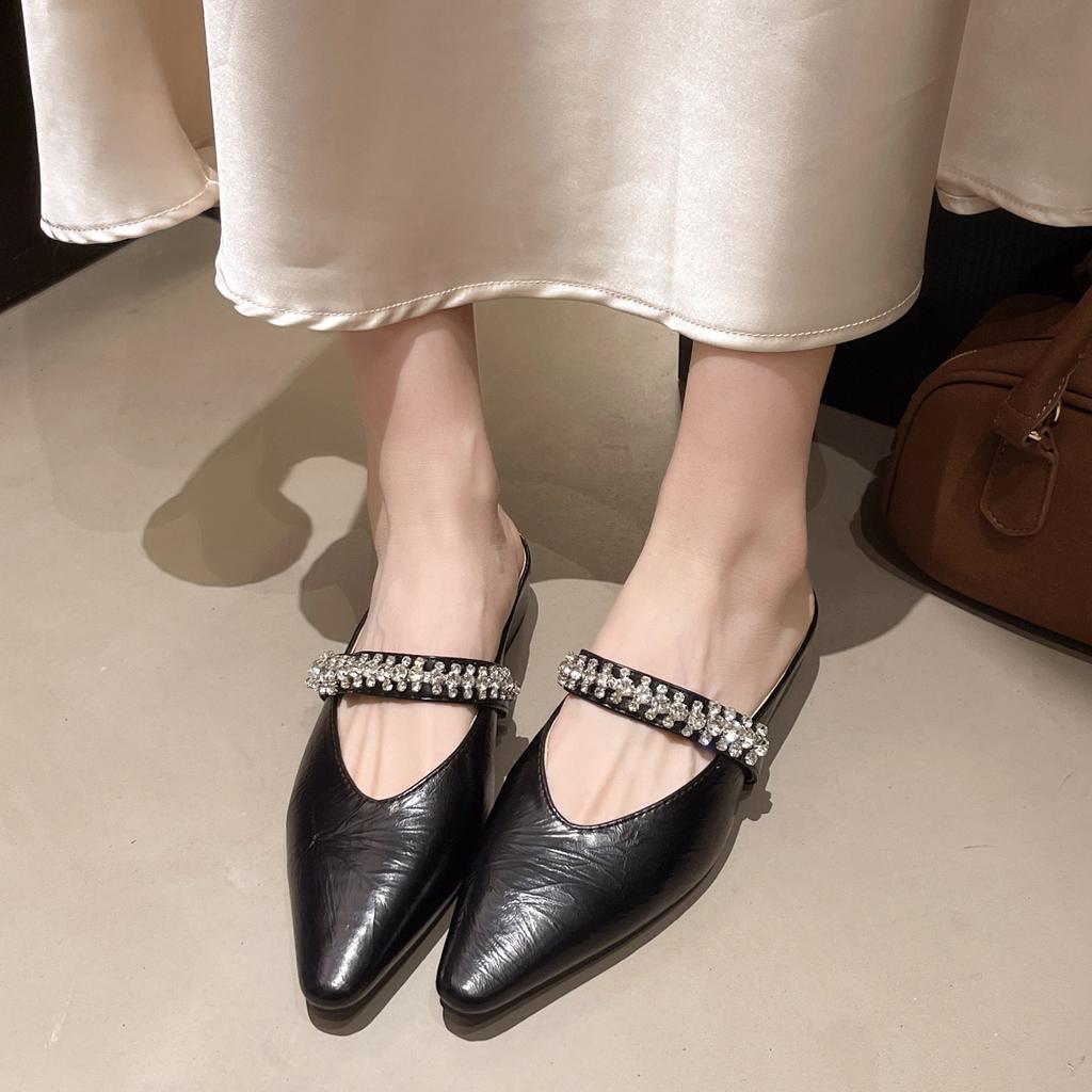 Pointed rhinestones with half slippers for women's outer wear 2025 new inner height-increasing flat bottom sandals