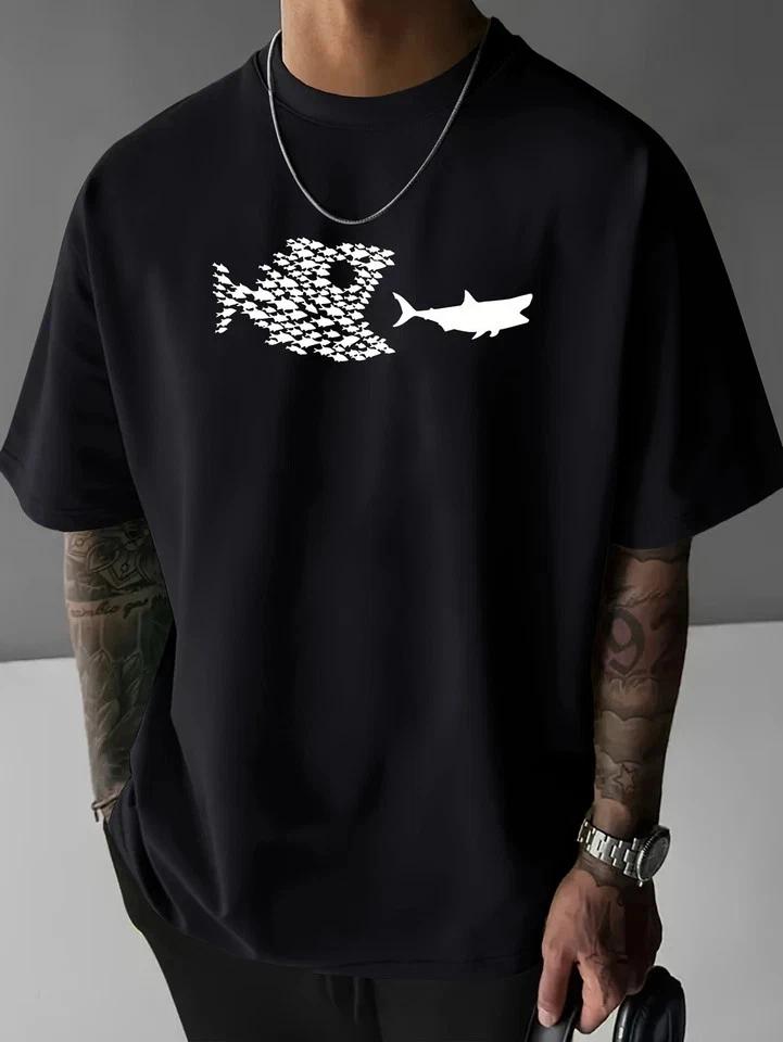 Fish Print T-Shirt - Crew Neck Short Sleeve Tee with Fish 2XL